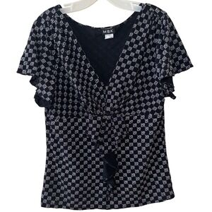MSK Black White Ruched Ruffle Blouse XL Short Sleeve Glitter Work Clean Girl